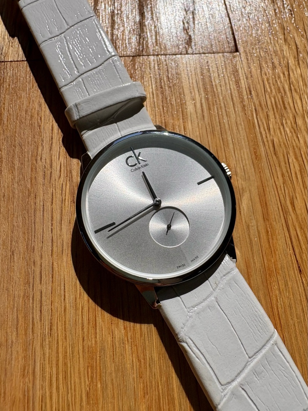 Calvin Klein 1090 Small Seconds Quartz Watch Women 32mm Silver Dial Leather Band